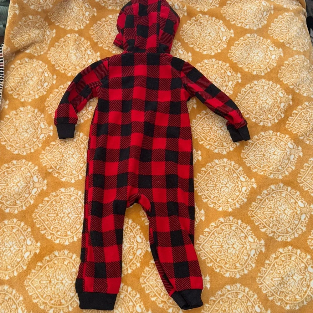 Carter's Red and Black Plaid Hooded Fleece Outfit - 18 months